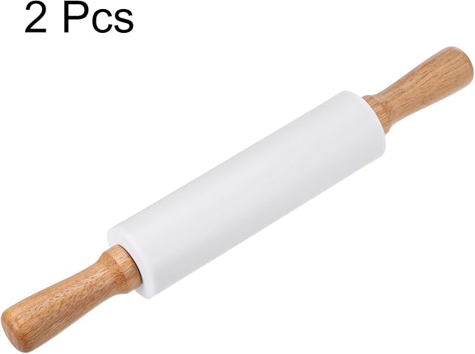 HARFINGTON 2pcs Silicone Rolling Pins for Baking 14.96 Inch Non-Stick Silicone Surface Wooden Handle Rolling Pin Small Roller Playdough Rolling Pins for Fondant Kitchen Dough Pizza, White