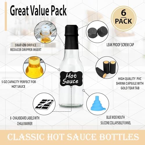 Clear Glass Hot Sauce Bottle (woozy) with Black Cap and Orifice Reducer 8.5 oz - (6 Pack) - Empty Wine Bottles with Shrink Capsules Bands, Labels, Silicone Collapsible Funnel and Chalk Marker Included