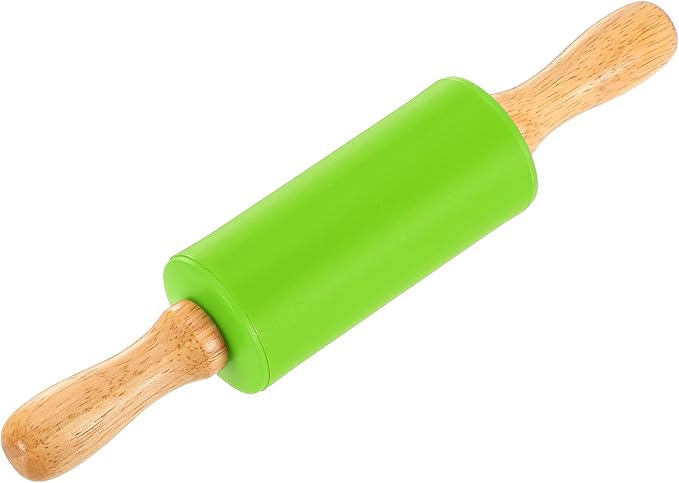 uxcell 4 Inch Silicone Rolling Pin, Small Dough Roller with Wood Handle for Pizza Pastry Fondant Kitchen, Green