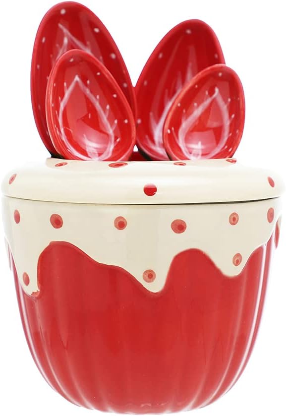 Sizikato 4pcs Porcelain Measuring Spoons with Base, Cute Strawberry Shape