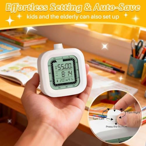 4 in 1 Visual Digital Timer Without Backlight, Easy Set Alarm Clock Humidity Temperature Monitor, Magnetic Wall Mount Kitchen Study Timer for Classroom Office Bedroom White