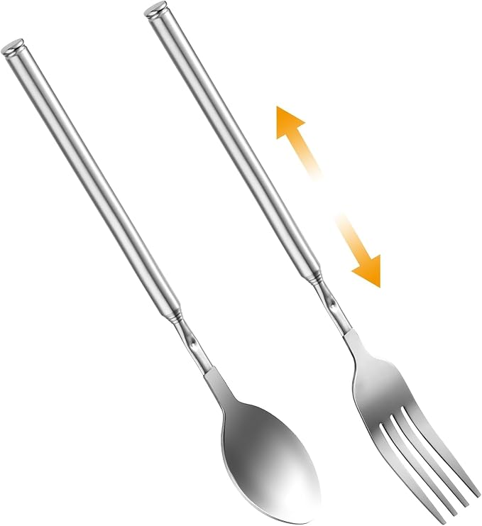 Telescopic Cooking Mixing Spoon Fork Set, Long Stainless Steel Retractable Fork and Spoon Set Extendable Dinner Fruit Dessert Fork Spoon Stretchable Cutlery for Barbecue Tableware(Spoon+Fork)