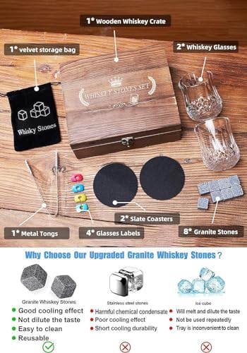 Fathers Day Anniversary Birthday Gifts for Men Him Dad Husband, White Elephant Gifts for Adults, Whiskey Glasses Set of 2 with Chilling Rocks, Bourbon Whiskey Stones Gifts for Men Wooden Box