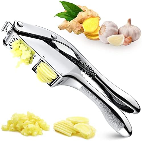 2-in-1 Garlic Press Stainless Steel Garlic Slicer, Silver Garlic Mincer Handheld Garlic Crusher, Easy to Clean and Squeeze Garlic Masher, Dishwasher Safe
