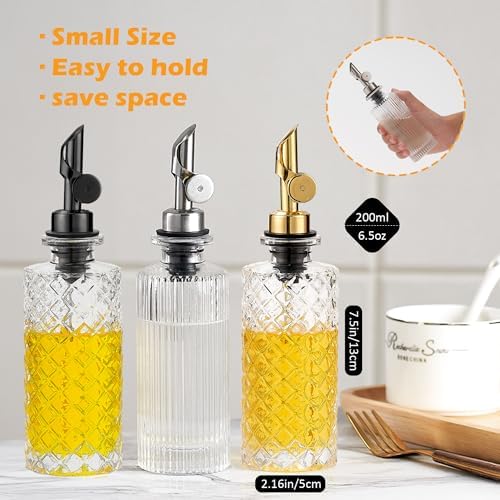 Glass Olive Oil Dispenser Bottle Small, 6.5 Oz/ 200 ml Coffee Simple Syrup Bottles with Gold Metal Pour Spout, Funnel, Measuring Cup, Oil and Vinegar Bottle for Kitchen (2 Pack)
