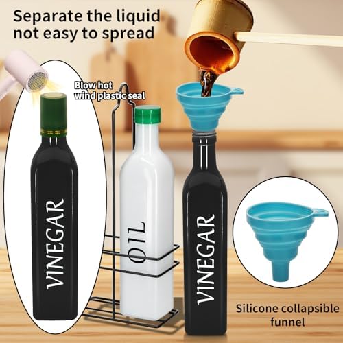 Farmhouse Oil and Vinegar Dispenser Set, 17 oz, beautiful (White Black) olive oil dispenser, includes a black steel rack and a funnel, vintage cruets for vinegar and oil