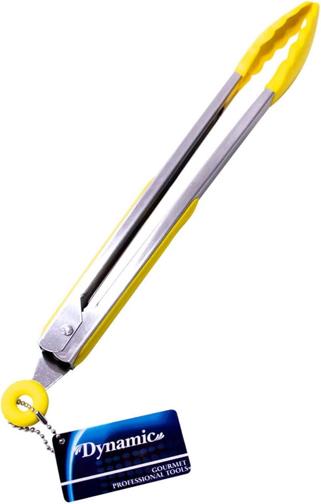 Dynamic 12" Locking Tongs With Silicone Heads, Yellow