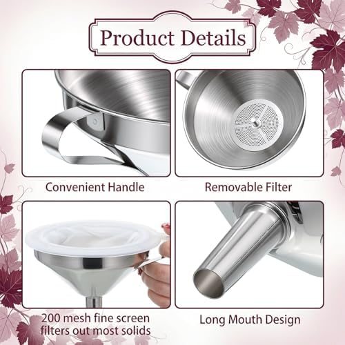 9 Pack Stainless Steel Kitchen Funnel Set, Including 5 Sizes of Kitchen Funnels with Handle, 2 Removable Strainers, 200 Mesh Food Filter, and 1 Cleaning Brush, for Transferring Liquid Filling Bottles