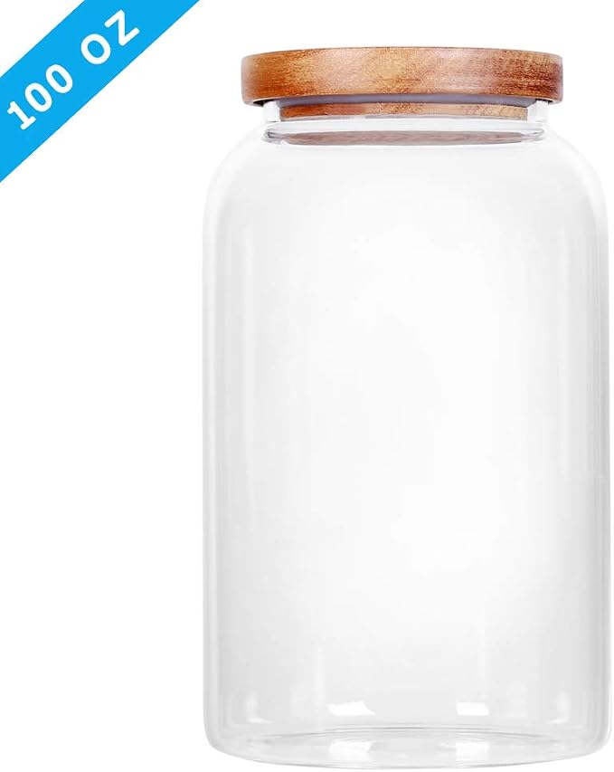 SAIOOL Modern Design Transparent Glass Food Storage Jars, 100FL OZ | 3000ml, Enlarged Thickened, Sealed Wooden Lid, Store Food, Herbs, Tea, Easy to Use and Clean