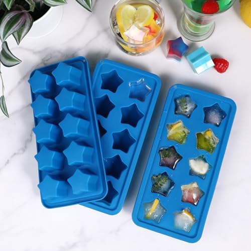 Webake Silicone Ice Cube Trays Star Shaped Ice Cube Molds for Whiskey and Cocktails, Easy Release Jelly Crayon Mold Pack of 3 Blue