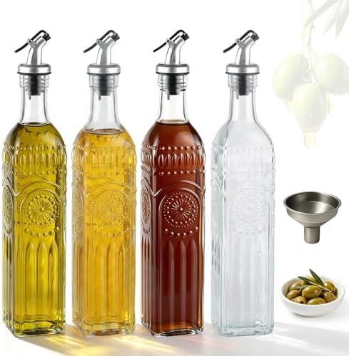 WERTIOO Relief Olive Oil Dispenser Bottle 4 Pack, 17oz Glass Oil Dispenser