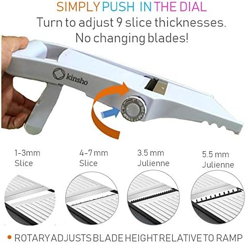 Mandolin Slicer Adjustable Mandoline | Best Hand-Held Cutter for Vegetable Potato Zucchini Food | Professional Steel Blade - Safe Finger Guard - 9-in-1 Japanese Design White