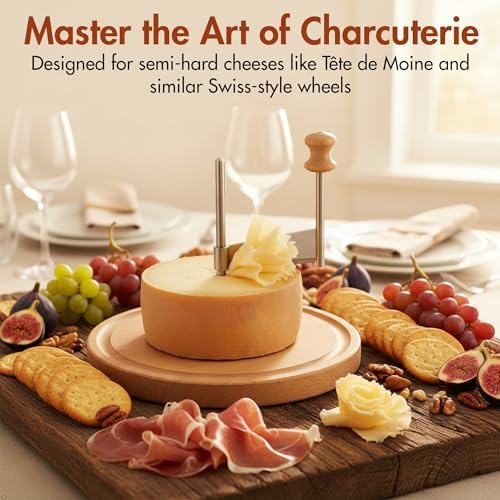YAANI Cheese Curler and Chocolate Scraper - Girolle cheese shaver with Stainless Steel Blade for Tête de Moine Rosettes & Dessert Toppings - Professional Cheese Slicer with 5 Stabilization Pins