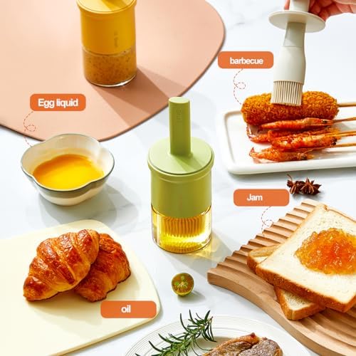 Glass Oil Dispenser with Heat Resistant Brush,Oil Dispenser Bottle with Silicone Pastry Brush for Kitchen,Cooking Vinegar and Sauce BBQ Grill Frying (Oil Dispenser-Green&Yellow)