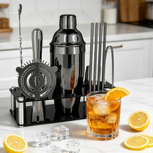 14-Piece Cocktail Shaker Set with Stand, Bartender Kit, 25oz Shakers, Bar Set Cocktail Shaker Set, Jigger for Bartending Kit, Drink Mixer Set, Cocktail Set Recipes Booklet Home, Bar, Party (Black)