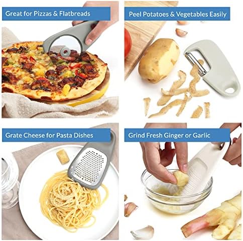 PortoFino Kitchen Gadgets Set 5 Pieces, Includes Pizza Cutter, Cheese Grater, Vegetable Peeler, Bottle Opener, Garlic Grinder, RV Kitchen Accessories, Space Saving Design, Dishwasher Safe
