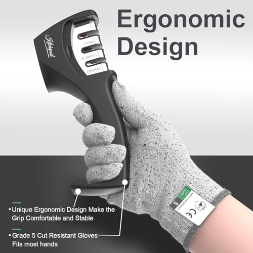 4-in-1 Knife Sharpener Kit with Cut-Resistant Glove, 3-Stage Quality Kitchen Knife Accessories to Repair, Grind, Polish Blade, Professional Knife Sharpening Tool for Kitchen Knives