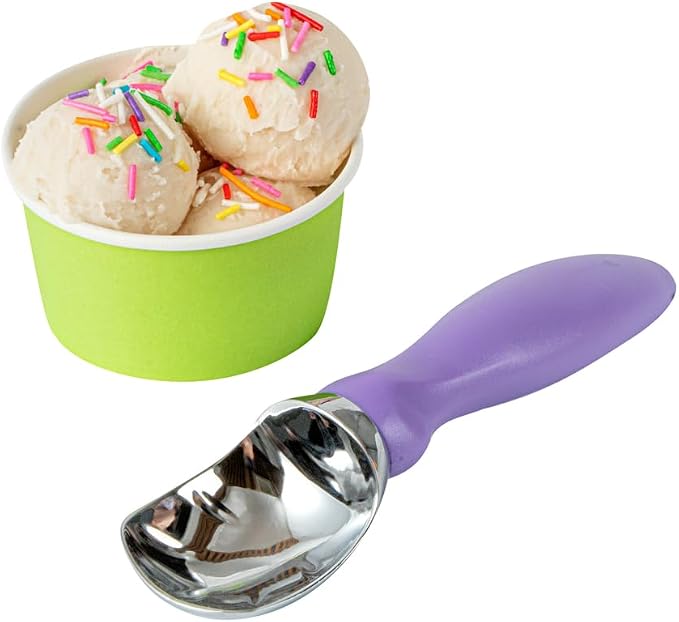 Restaurantware Comfy Grip 7.9 x 2 Inch Kitchen Ice Cream Scoop 1 Heavy-Duty Ice Cream Disher - Ergonomic PP Handle Dishwashable Purple Metal Ice Cream Spade With Lid Opener Notch Multi-Use