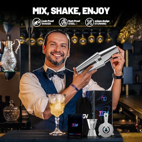 IOV Boston Cocktail Shaker Bar Set, Bartender Kit Drink Mixer Set with 18 oz & 28 oz Boston Shakers, Hawthorne Strainer, Double Jigger, Bar Tool Kit and Recipe Booklet - Silver
