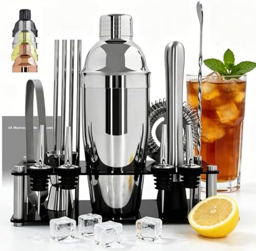 14-Piece Cocktail Shaker Set with Stand, Bartender Kit, 25oz Shakers, Bar Set Cocktail Shaker Set, Jigger for Bartending Kit, Drink Mixer Set, Cocktail Set Recipes Booklet Home, Bar, Party (Silver)