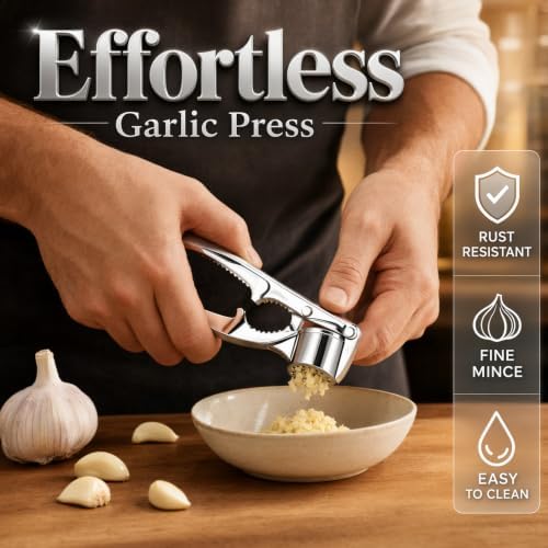 Heavy Duty Manual Garlic Press, Alloy Garlic Ginger Crusher, Easy-Squeeze Garlic Mincer with Ergonomic Handle, Easy Squeeze Kitchen Essential (Large)