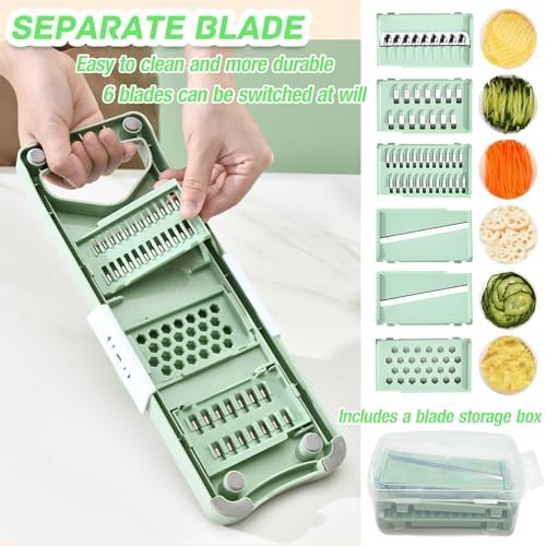 Vegetable Chopper, Mandoline Food Slicer Cutter with Handheld Container, 6 Blades and Blade Box, Cucumber Slicer, Magnetic Kitchen Tools for Veggie Potato Onion Carrot (Green(No magnet), 7 in 1)