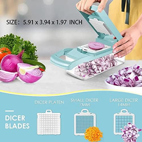 Bohai Food Chopper Vegetable-Fruit-Cheese-Onion Dicer Tomato Cutter Grater 12 in 1 Veggie Spiralizer Salad Potato Slicer with Container Multi-function Kitchen Aid Carrot Light Blue