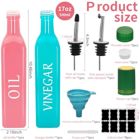 Olive Oil Dispenser Bottle,2 Pcs 17oz 500ml Glass O il and Vinegar Dispenser Set with 2 Stainless Steel Pourers, 8 Labels,Funnel Vinegar Bottles for Kitchen (Pink Oil & Turquoise Vinegar)