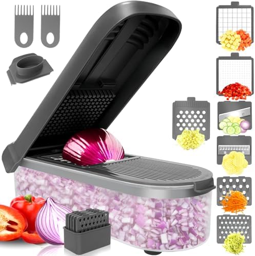 Vegetable Chopper with Container, 10 in 1 Manual Food Chopper Cutter, Grey