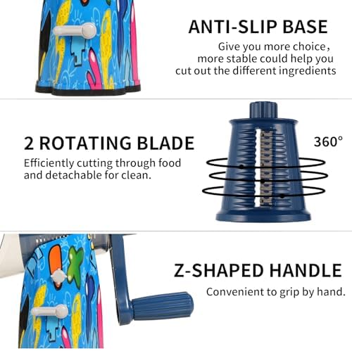 Upgrade Rotary Cheese Grater Shredder with Handle, Strong Suction Base, Multi-purpose Rotary Grater Slicer with 5 Interchangeable Blades for Ice, Vegetables, Fruit, Nuts with Blade Storage Box