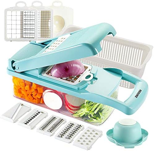 KEOUKE Vegetable Chopper Mandoline Slicer Blue - 12 in 1 Interchangeable Blades Food Chopper with Container, Hand Guard & Drainer, Veggie Dicer Kitchen Gadget for Onion, Cucumber, Tomato, Fruit