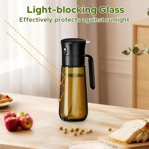 Olive Oil Spray Bottle with Basting Brush, 280ml Light-Proof Glass Oil Sprayer to Preserve Freshness, Ideal for Salad Dressing, Baking & Grilling