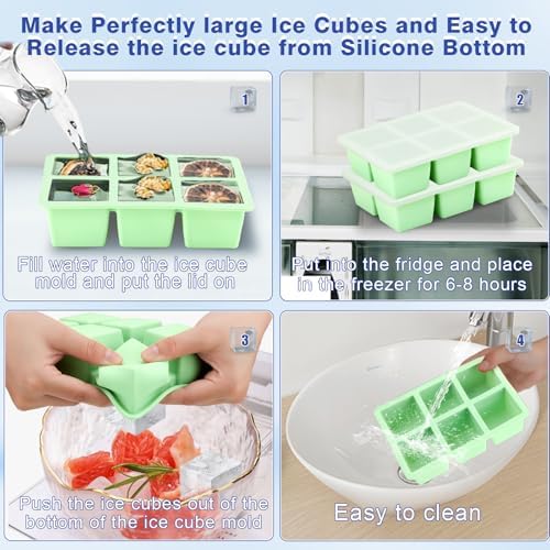 Large Ice Cube Tray for Freezer with Lid, 2Pack Silicone Ice Cube Trays, Big Square Ice Cube Maker for Cocktails, Coffee, Bartender Accessories BPA-Free & Dishwasher (Green)