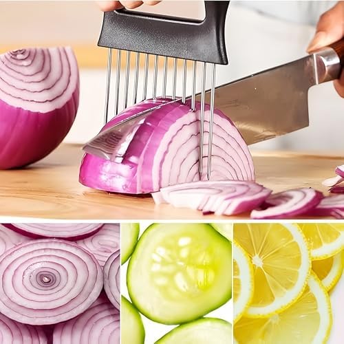 Stainless Steel Onion Slice Holder, Vegetable Slicer Cutter, Kitchen Gadgets Chopper Slicing Tool, Onion Cutter for Slicing of Onions, Tomatoes, Pears, Eggs and Other Vegetables, Kitchen Tools