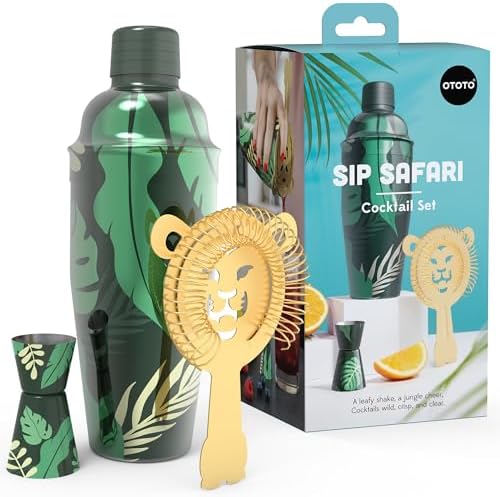 NEW OTOTO Cocktail Shaker Set - Bartender Kit with Lion Cap, Bar Cart, Bar Accessories, Drink Shaker, Cocktail Shaker with Strainer, Unique Gift Set, Kitchen Set, Kitchen Gadgets (Sip Safari)