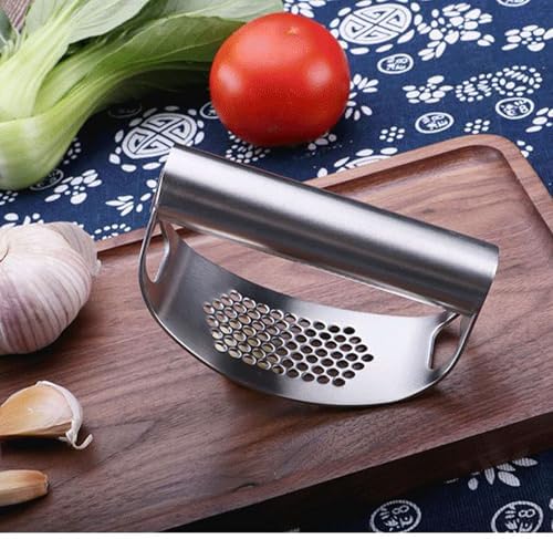 Garlic Press Rocker, Crusher Grinder Masher Bottle opener, Portable Manual Stainless Steel Wide Handle Garlic Crusher with Peeler(Style2-2pcs Gold)