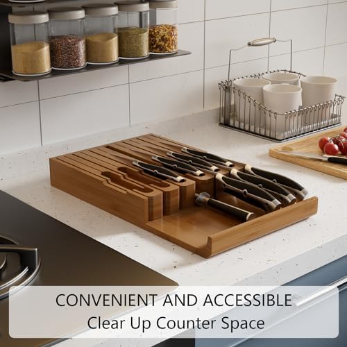 Domax Bamboo In-drawer Knife Block - Kitchen Knife Drawer Organizer Insert, Steak Knife Holder Without Knives, Drawer Knife Organizer Fits for 12 knives and 1 Sharpening Steel (Not Included), Walnut