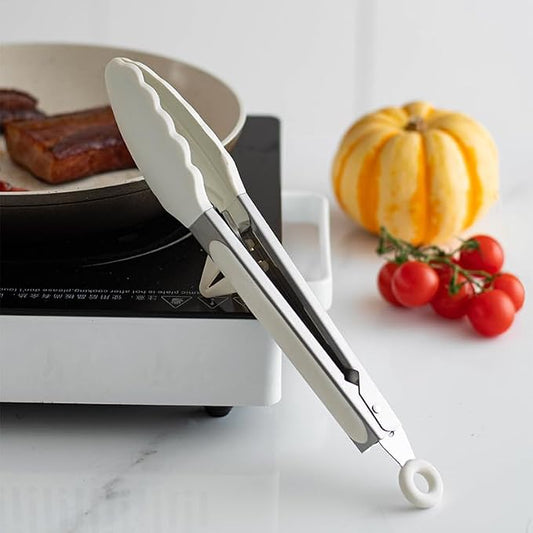 Silicone Kitchen Tongs, 3Pcs Tongs for Cooking with Silicone Tips, Food Grade Small Tongs, Mini Serving Tongs for BBQ Salad, White, 7"+9"+12"