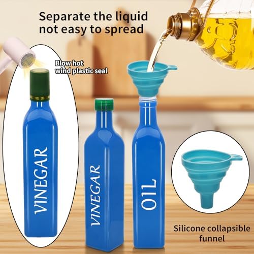 Olive Oil Dispenser Bottle,2 Pcs 17oz 500ml Glass O il and Vinegar Dispenser Set with 2 Stainless Steel Pourers, 8 Labels,Funnel Vinegar Bottles for Kitchen (Blue)