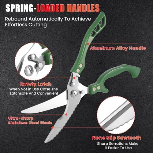 ANDONG Heavy Duty Poultry Shears, All-Purpose Kitchen Scissors for Food, Spatchcock Shears, Green