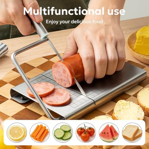 Stainless Steel Cheese Slicer with Measuring Grid – Multipurpose Butter & Sausage Cutter, Sharp Wire Blade for Block Cheese, Easy Clean Kitchen Gadget