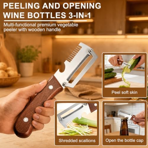 2026 Upgrade 3 in 1 Vegetable Peeler with Scallion Shredder & Bottle Opener, Professional Stainless Steel Potato Peeler with Ergonomic Wood Handle, Rust-Resistant & Heavy Duty Kitchen Tool (1)