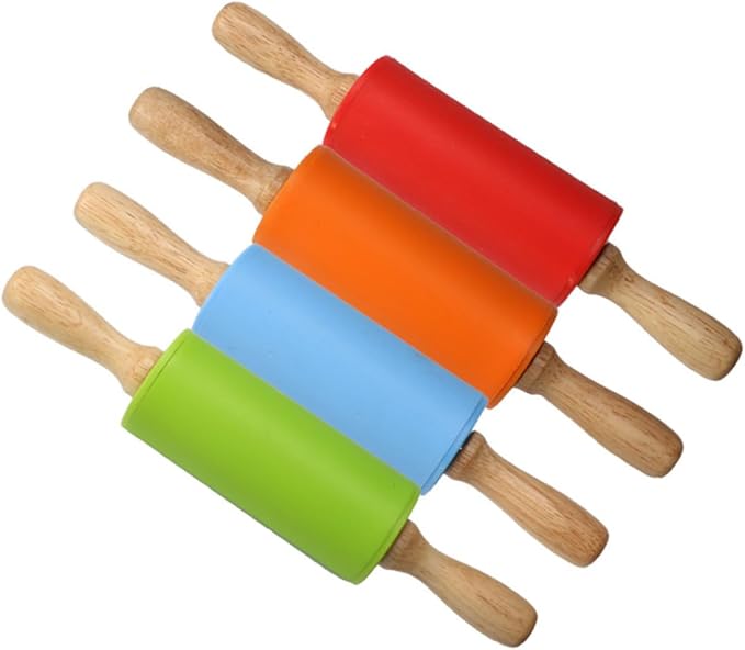 Mini Silicone Non-stick Rolling Pin with Wooden Handles Food-grade Heat-resistant Dough Roller for Cookies Pastries Pizza and Bread Baking