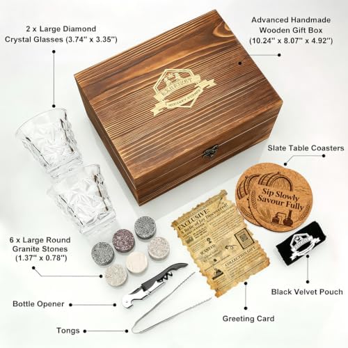 Whiskey Stones Gift Set, 2 Large Crystal Whiskey Glasses in Wood Gifts Box