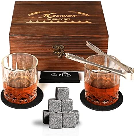 Xgunion Whiskey Stones Gift Set 2 Glasses 8 Granite Rocks with Tongs
