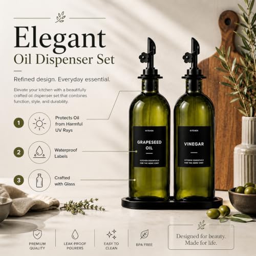Olive Oil Dispenser for Kitchen, 2-Pack 16oz Glass Bottle with Black Labels