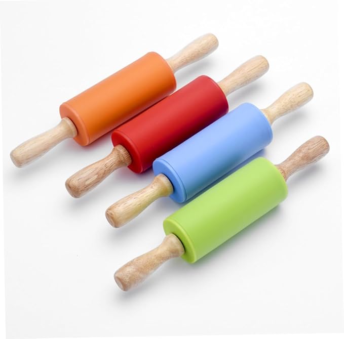 Mini Silicone Non-stick Rolling Pin with Wooden Handles Food-grade Heat-resistant Dough Roller for Cookies Pastries Pizza and Bread Baking