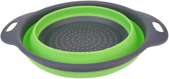 2 Collapsible Colander Mixing Bowl Strainer and Colander Set Silicone Colander Bowls Use for Draining Fruits Vegetables and Pastas by Bellagione (Green)