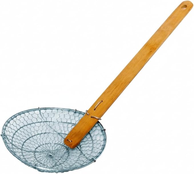 TrueCraftware- 12” Coarse Mesh Skimmer Galvanized Steel with Natural Bamboo Handle- Spider Strainer Ladle Kitchen Frying Food Pasta Spaghetti for Cooking and Frying Pasta Strainer Spoon