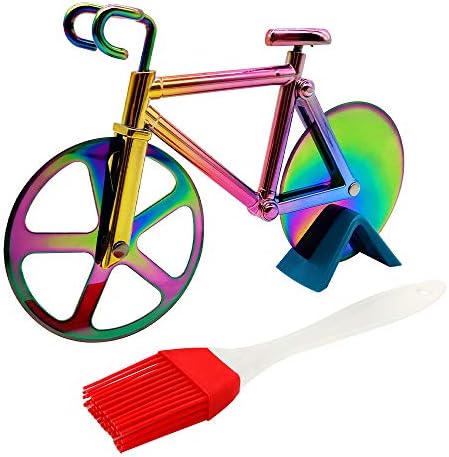 Bicycle Pizza Cutter Wheel, Supuca Stainless Steel Bike Pizza Slicer with BBQ Brush and Stand, Non-Stick Dual Cutting Wheels - Cool Kitchen Gadget Gift